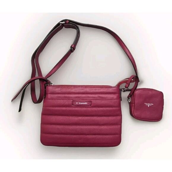 T Tahari Metro Crossbody Bag Leather Deep Red With Side Pouch Tassel - Picture 1 of 10